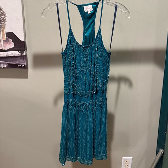 Parker Mini Dress Womens Small Teal beaded Holiday Party Event Glam NYE - Picture 2 of 7